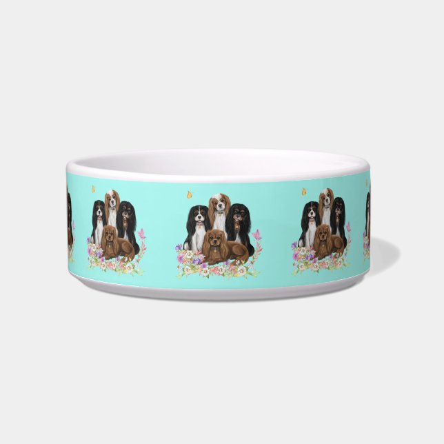 Four Cavalier King Charles Spaniels in Flowers    Bowl (Front)