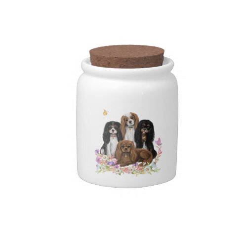 Four Cavalier King Charles Spaniels in Flowers Candy Jar
