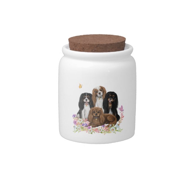 Four Cavalier King Charles Spaniels in Flowers Candy Jar (Front)