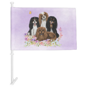 Four Cavalier King Charles Spaniels in Flowers Car Flag