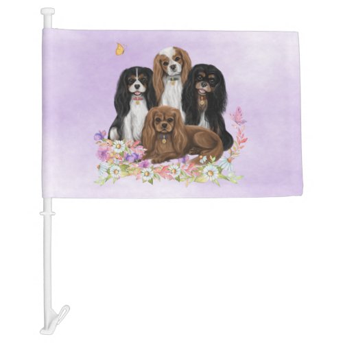 Four Cavalier King Charles Spaniels in Flowers  Car Flag