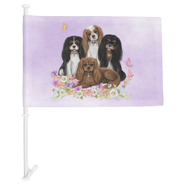 Four Cavalier King Charles Spaniels in Flowers  Car Flag (Front)