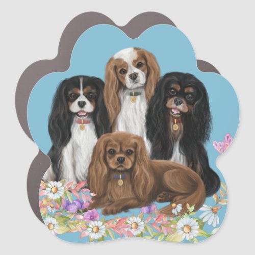 Four Cavalier King Charles Spaniels in Flowers     Car Magnet