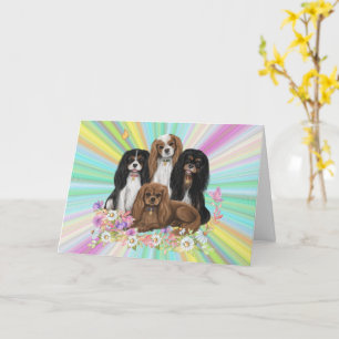 Four Cavalier King Charles Spaniels in Flowers Card