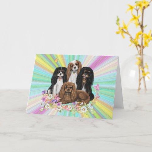 Four Cavalier King Charles Spaniels in Flowers     Card