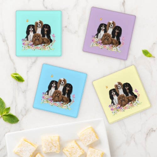 Four Cavalier King Charles Spaniels in Flowers    Coaster Set