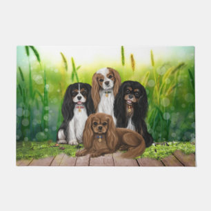Four Cavalier King Charles Spaniels in Flowers Do Doormat