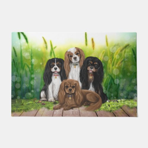 Four Cavalier King Charles Spaniels in Flowers  Do Doormat