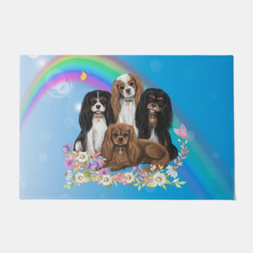 Four Cavalier King Charles Spaniels in Flowers  Doormat