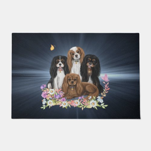 Four Cavalier King Charles Spaniels in Flowers     Doormat