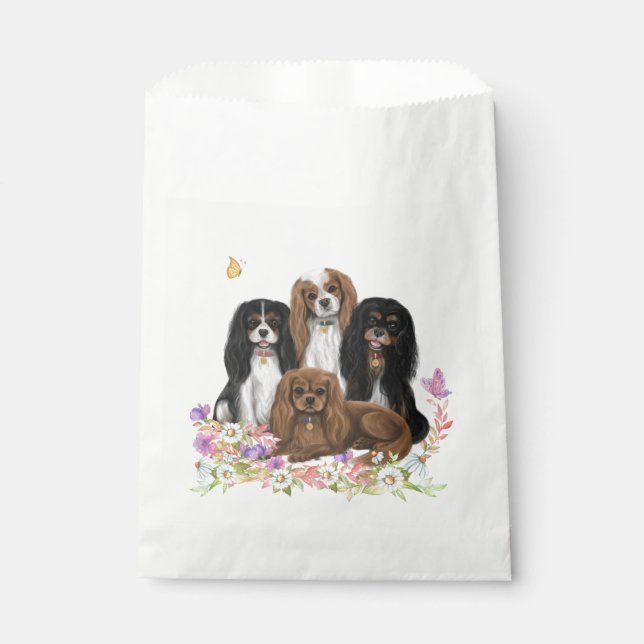 Four Cavalier King Charles Spaniels in Flowers     Favor Bag (Front)