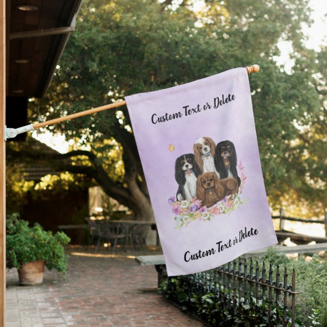 Four Cavalier King Charles Spaniels in Flowers  House Flag (In SItu)
