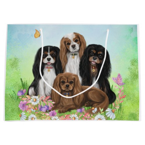 Four Cavalier King Charles Spaniels in Flowers  Large Gift Bag