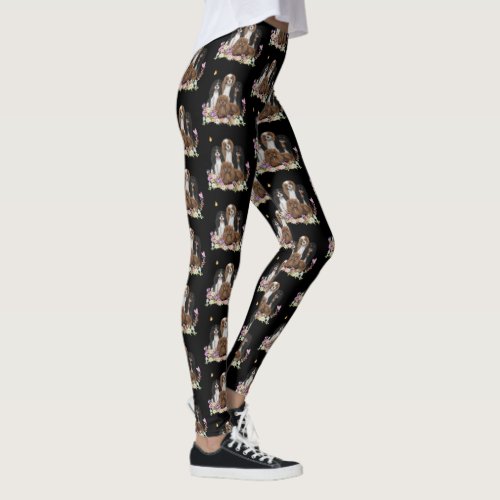 Four Cavalier King Charles Spaniels in Flowers     Leggings