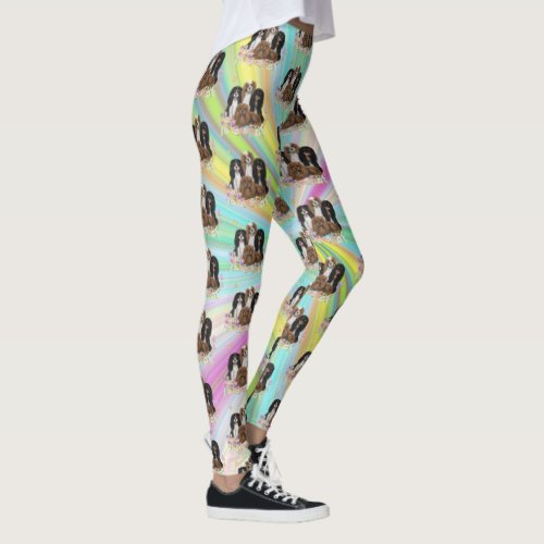 Four Cavalier King Charles Spaniels in Flowers   Leggings