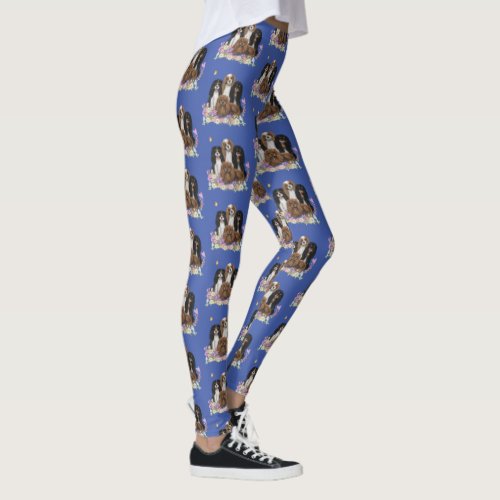 Four Cavalier King Charles Spaniels in Flowers    Leggings