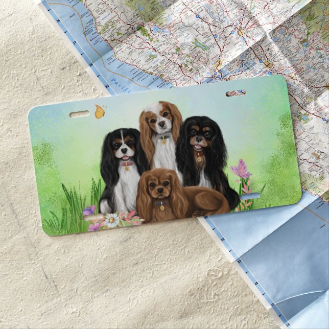 Four Cavalier King Charles Spaniels in Flowers     License Plate (In Situ)