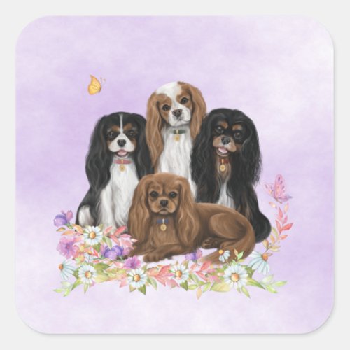 Four Cavalier King Charles Spaniels in Flowers  Square Sticker