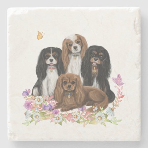 Four Cavalier King Charles Spaniels in Flowers    Stone Coaster