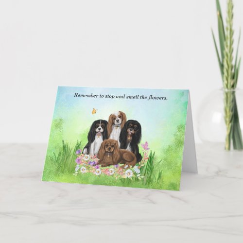Four Cavalier King Charles Spaniels in Flowers   Thank You Card