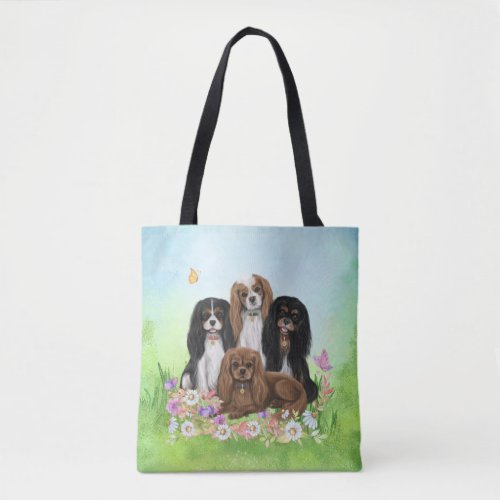 Four Cavalier King Charles Spaniels in Flowers   Tote Bag