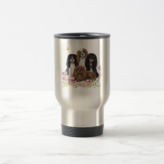 Four Cavalier King Charles Spaniels in Flowers   Travel Mug (Center)