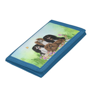 Four Cavalier King Charles Spaniels in Flowers Tri-fold Wallet