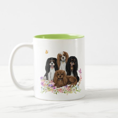 Four Cavalier King Charles Spaniels in Flowers  Two_Tone Coffee Mug