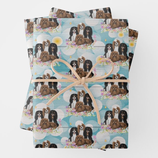 Four Cavalier King Charles Spaniels in Flowers  Wrapping Paper Sheets (In situ)