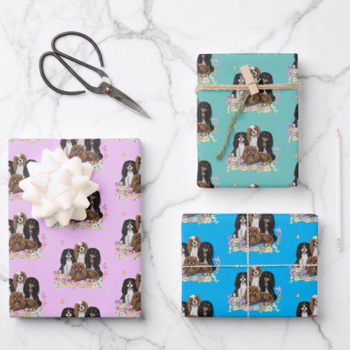 Four Cavalier King Charles Spaniels in Flowers   Wrapping Paper Sheets