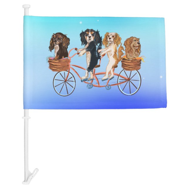 Four Cavalier King Charles Spaniels Riding a Bike  Car Flag (Front)