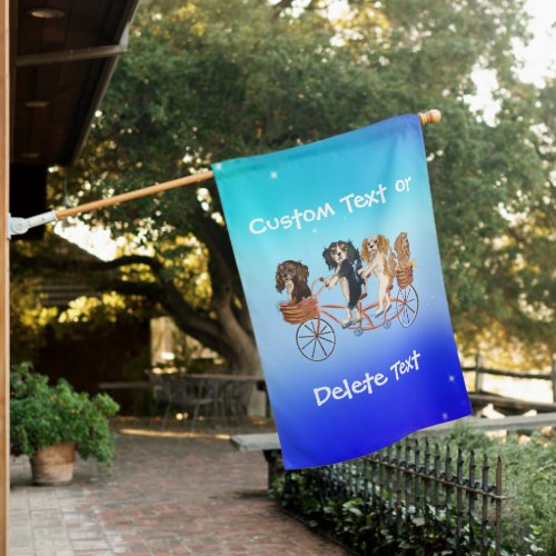 Four Cavalier King Charles Spaniels Riding a Bike  House Flag