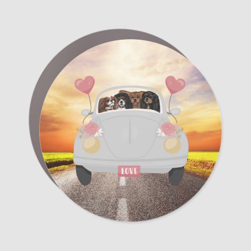 Four Cavalier Spaniels in a Car with Hearts    Car Magnet