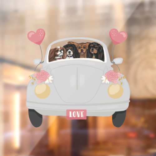 Four Cavalier Spaniels in a Car with Hearts  Window Cling