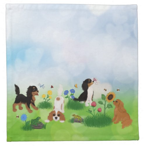 Four Cavalier Spaniels in a Field of Flowers    Cloth Napkin