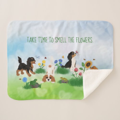 Four Cavalier Spaniels in a Field of Flowers Sherpa Blanket