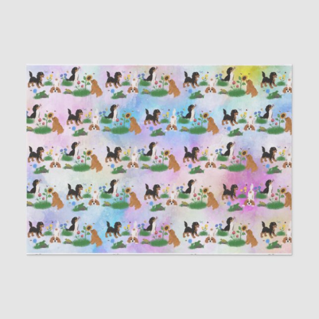 Four Cavalier Spaniels in a Field of Flowers  Tissue Paper (Front)