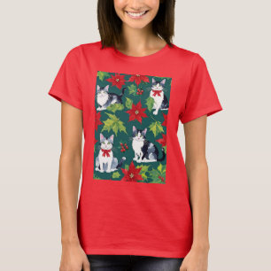 Four Christmas Cats And Poinsettias T-Shirt