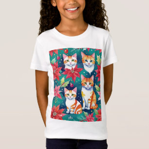 Four Christmas Tabby Cats With Poinsettias T-Shirt