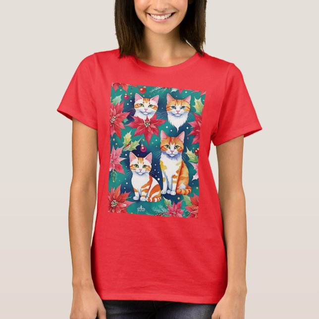 Four Christmas Tabby Cats With Poinsettias T-Shirt (Front)