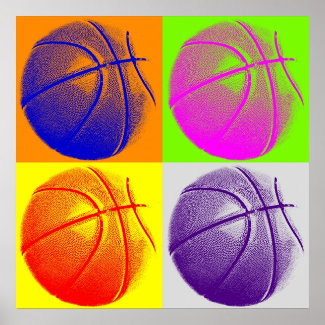 Four Color Pop Art Basketball Retro Style Poster (Front)