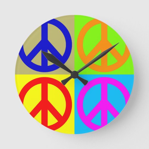 Four Color Pop Art Peace Sign Round Clock