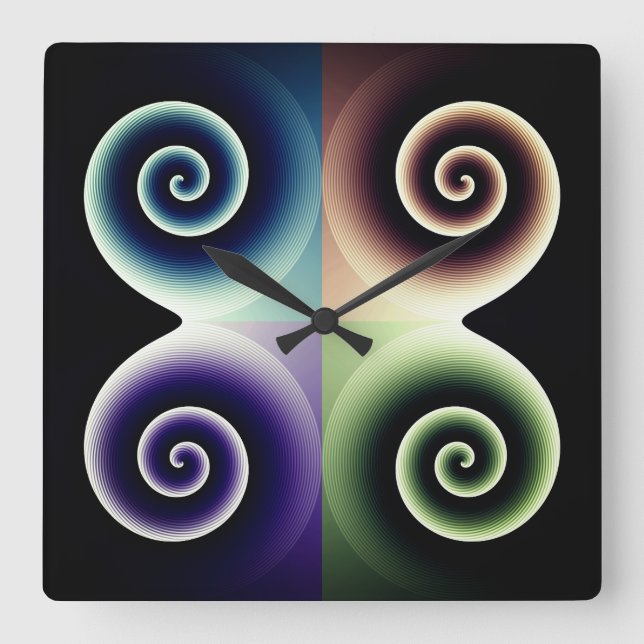 Four Color Spiral Abstract Art Square Wall Clock (Front)