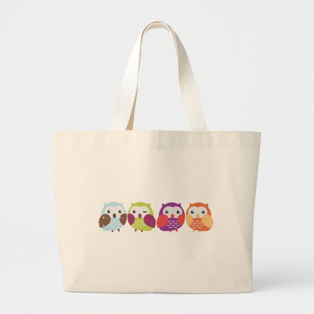 Four Colorful Owls Large Tote Bag (Front)