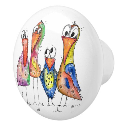 Four Colorful Whimsical Birds Ceramic Knob