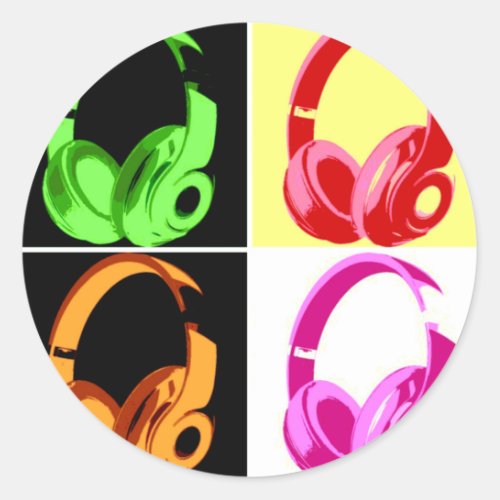 Four Colors Headphone Pop Art Head Phone Classic Round Sticker