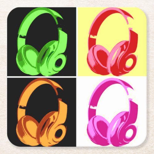 Four Colors Headphone Pop Art Head Phone Square Paper Coaster