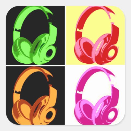 Four Colors Headphone Pop Art Head Phone Square Sticker