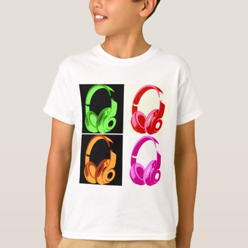 Four Colors Headphone Pop Art Head Phone T_Shirt