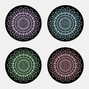 Four Colors Mandala On Black Coaster Set